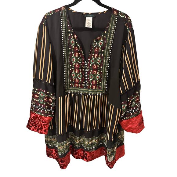 Ulla Popken Boho Floral Hearts Mixed Media Velvet Trim Mini Dress, size 24/26 - Picture 1 of 7